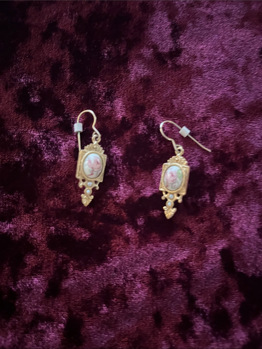 Vintage 1928 Jewelry Co. Gold Tone Pink Porcelain Rose Drop Earrings